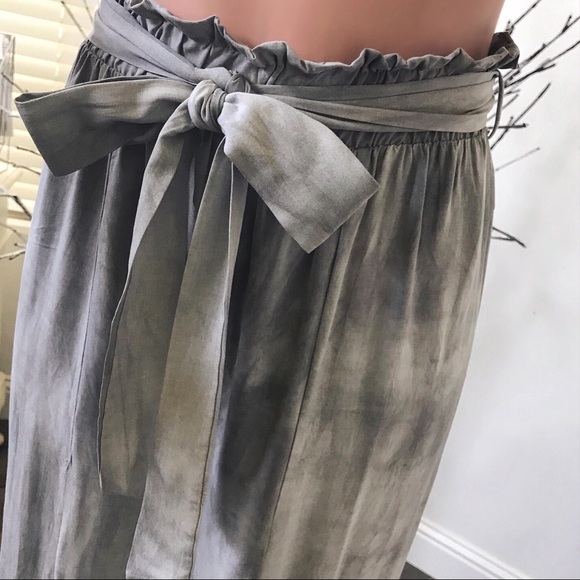 Wide Leg Slit Front Silk Pants Acid Wash Gray, Tie - Picture 5 of 7